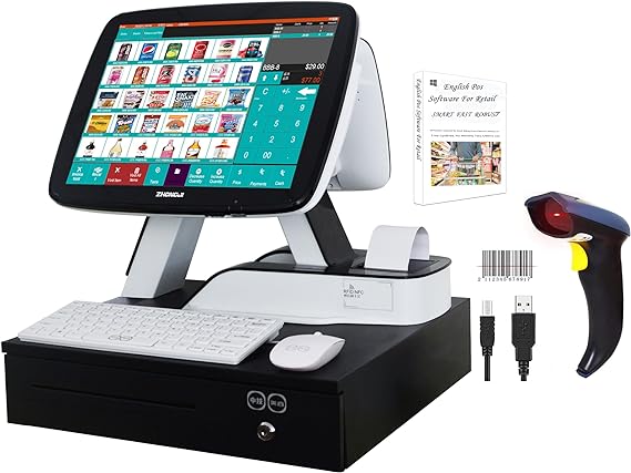 MEETSUN All in One POS Cash Register 15'' Touch Screen Windows PC with Built-in 2 1/4'' Thermal Receipt Printer for Retail Businesses SET02