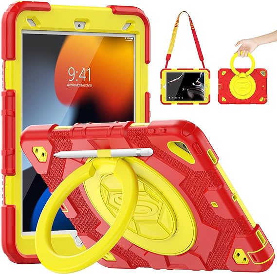 Timecity Case for iPad 9th/ 8th/ 7th Generation 10.2'', Shockproof Case with Screen Protector, 360° Rotating Handle Grip/Stand, Shoulder Strap, for iPad 10.2 inch 2021/2020/2019 Released - Red