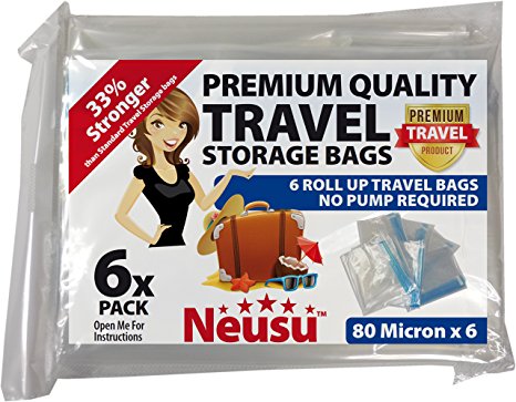 Neusu Large Roll Up Travel Vacuum Bags - 6 Pack - Premium Quality 80 Micron Storage Bags - 40cm x 60cm