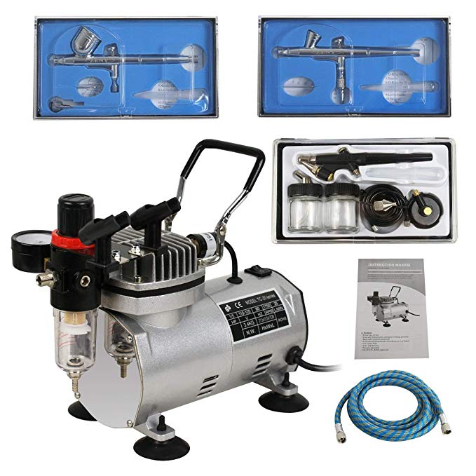 ZENY 1/5HP Multi-Purpose Pro Airbrushing Compressor Kit System w/ 3 Airbrushes, 6' Air Hose & Airbrush Holder, Manual