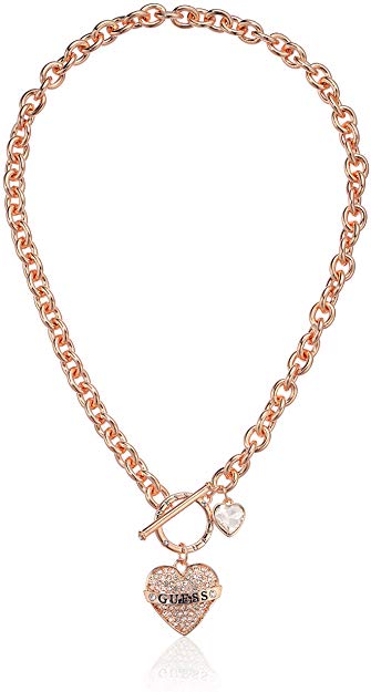 GUESS Women's Pave Heart with Logo Banner Pendant Toggle Necklace