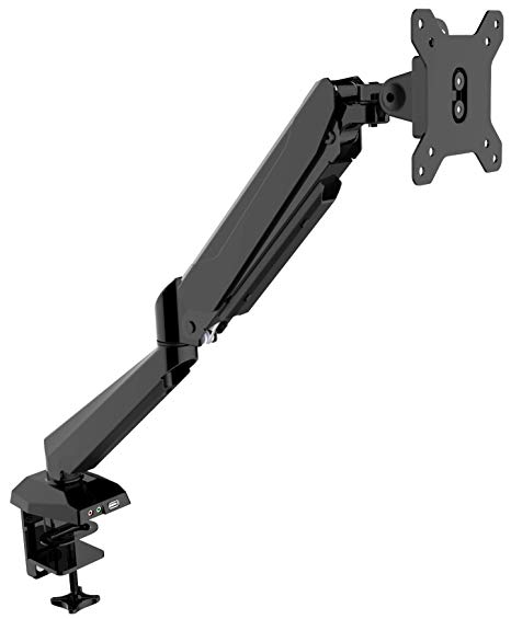 WOM Fully Adjustable Monitor Desk Mount with Built in Gas Spring, Supports 19", 9” 21” 22” 24” 25” 27” 28 inch Screens, VESA Compliant. (Single arm with Gas Spring and Front Load USB)