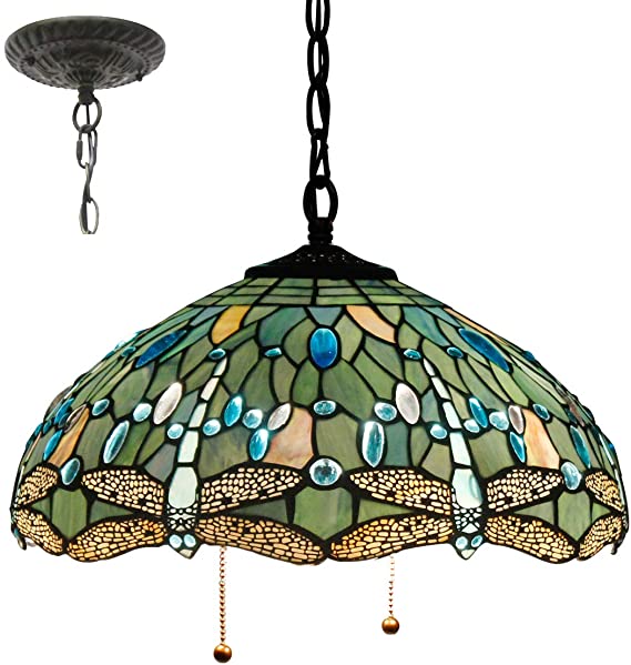 Tiffany Style Hanging Lamp 16 Inch Sea Blue Stained Glass Shade Crystal Bead Dragonfly Chandelier Pendant Light Ceiling Fixture S147 WERFACTORY Dining Living Room Bedroom Study Coffee Bar Hallway Loft