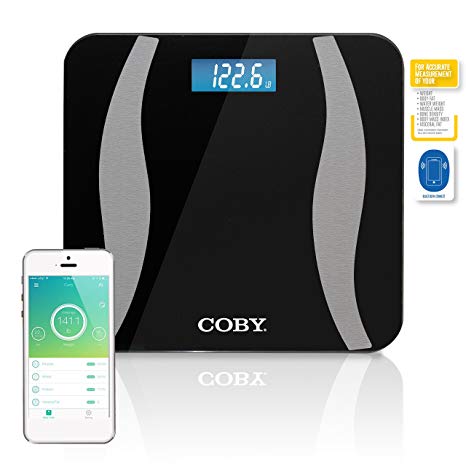 Coby Bluetooth Digital Glass Total Body Fat & Weight Bath Scale with Step-On Technology, Measures Weight, Water, Muscle, Fat, BMI, BMR, Bone, 400 Pounds, Sleek Black