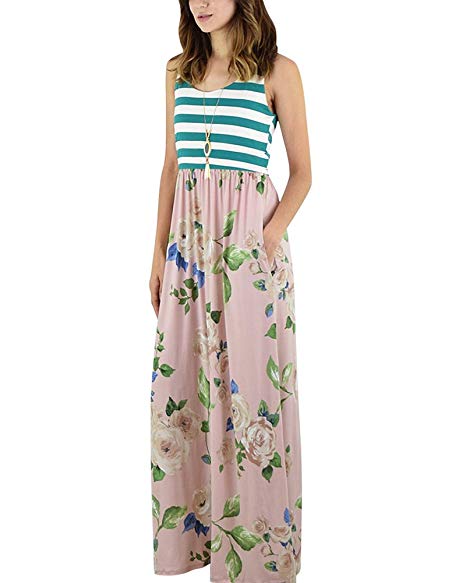 MEROKEETY Women's Striped Floral Print Tank Dress Summer Sleeveless Long Maxi Dress