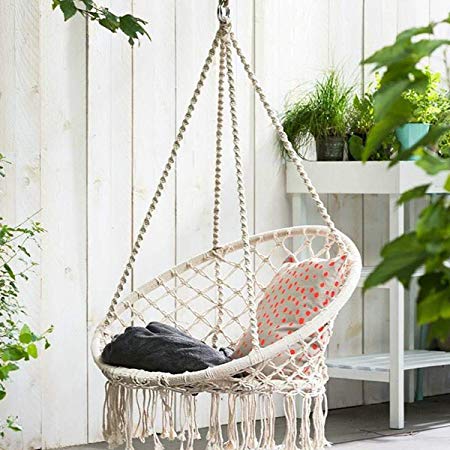 KINGSO Hammock Chair Macrame Swing, Handmade Knitted Hanging Cotton Rope Chair for Indoor/Outdoor Home Patio Deck Yard Garden Reading Leisure, 325 Pounds Capacity (Beige)