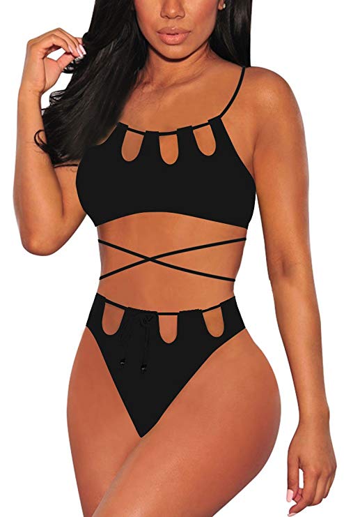 Veroge Women's Halter Cut Out Lace-up High Waisted Bikini Sets Sexy Swimsuits