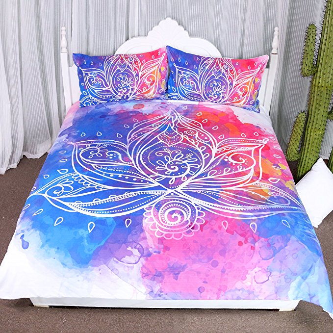 Arightex Boho Lotus Bedding 3D Watercolor Flowers Duvet Cover Rainbow Girls Bedding Set India Home Decor (Queen)