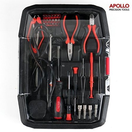 Apollo 35 Piece 25W Soldering Iron & Computer Kit with Electronics Hand Tool Assortment (Mini Pliers, Bit Driver, Anti Clip Forceps, Precision Screwdrivers, Sockets, Tweezers, 3 Claw Retriever, Solder and more)