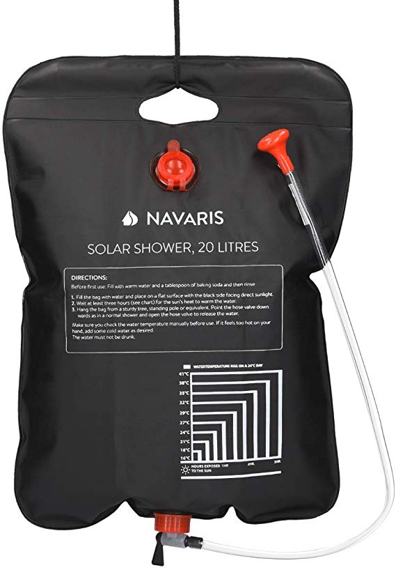 Navaris Solar Shower Bag 5 US Liquid Gallons / 20L - Solar Heating Camping Shower Bag with Shower Head, Hose, Tap Head for Travel, Hiking, Backpacking