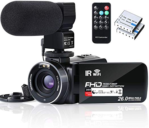 Video Camera Camcorder WiFi FHD 1080P 30FPS YouTube Vlogging Camera Recorder 26MP 3.0 inch Touch Screen 16X Digital Zoom IR Night Vision Camcorder with Remote,Microphone,and 2 Batteries