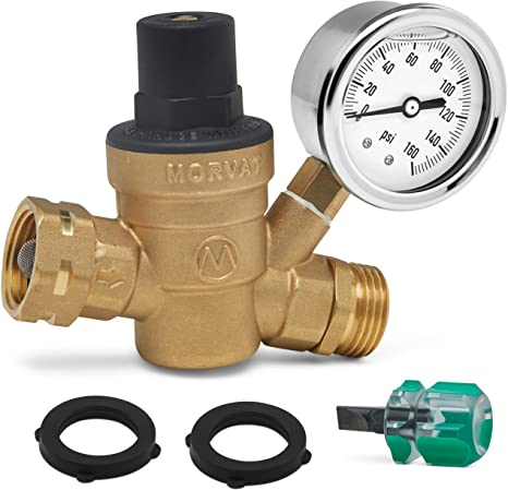 Morvat RV Water Pressure Regulator, Camper, Trailer, Water Pressure Gauge Valve with Included Screwdriver and 2 Rubber Washers