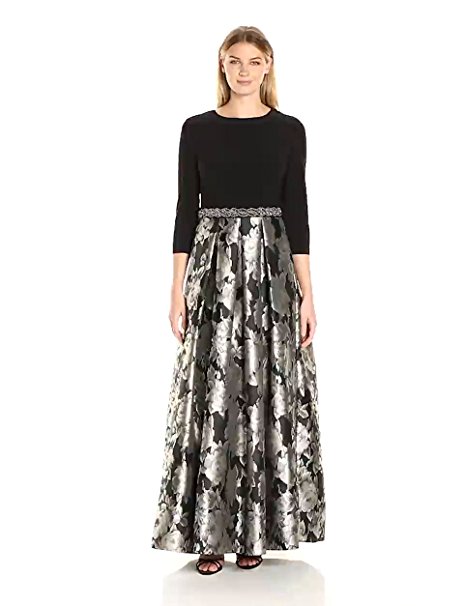 Alex Evenings Women's Long A-Line Mock Dress with Printed Skirt and Beaded Waist Detail