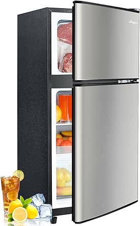 3.2 Cu.Ft Mini Fridge with Freezer, 2 Door Compact Refrigerator, Small Fridge with 7 Level Thermostat & LED Light, Small Refrigerator with Freezer for Bedroom, Office, Dorm, Silver