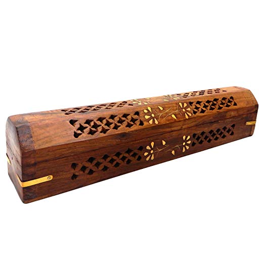 PMK Wooden Hand Carved Coffin Incense Burner Brass Inlays & Storage Incense Holder, Incense Stick Stand, Stick Holder, Incense Burners | Handmade | (12 x 2.5 Inch)