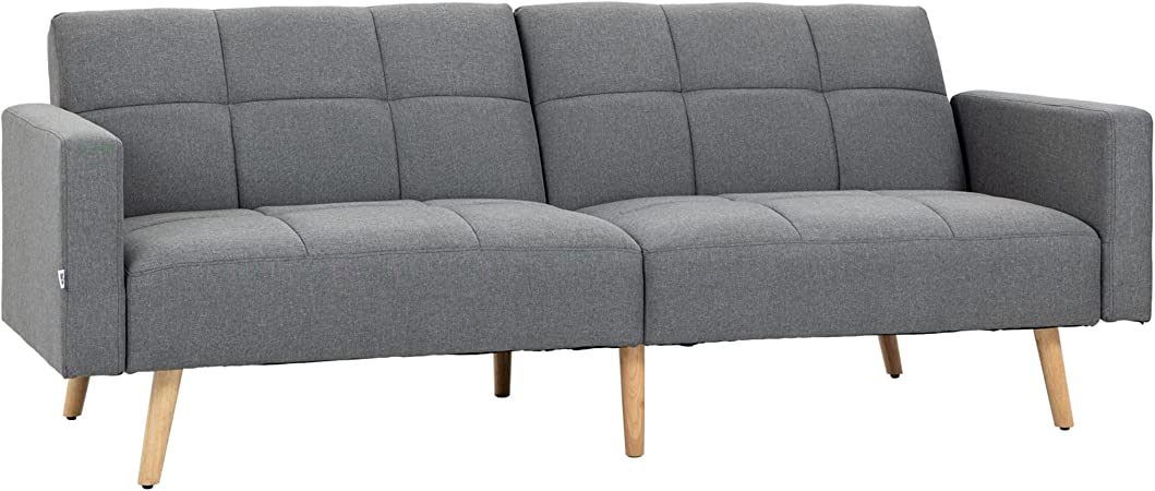 HOMCOM Canapé Convertible 3 Places Design scandinave Inclinaison Dossier réglable 3 Niveaux avec accoudoirs Bois Massif et revêtement Tissu Gris