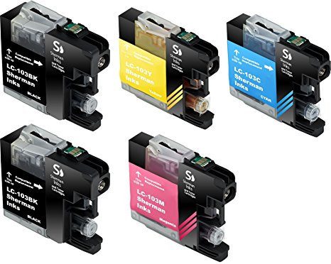 Sherman Ink Cartridges © 5 Pack Compatible Ink for MFC-J870DW, MFC-J450DW Replacement Ink Cartridge LC103 LC-103 2 Black, 1 Cyan, 1 Yellow, 1 Magenta Compatible with Printers MFCJ870DW, MFC-J450DW, MFC-J6920DW, MFC-J650DW, MFC-J4410DW