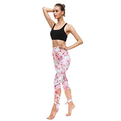 Lesubuy Flowers Pattern Wide Waistband Yoga Workout Ballet Leggings Dance Tie Puttee Capris Pants XS-XL