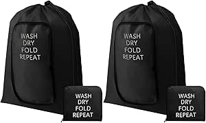 2 Pcs Travel Laundry Bag Washable Dirty Clothes Bag with Drawstring and Zipper for Suitcase, 22 x 18 Inch (Black, Classic)