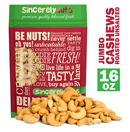 Sincerely Nuts – Large Jumbo Cashews Roasted and Unsalted | One Lb. Bag | Deluxe Kosher Snack Food | Healthy Source of Protein, Vitamin & Nutritional Mineral Content | Gourmet Quality Cashew Nut