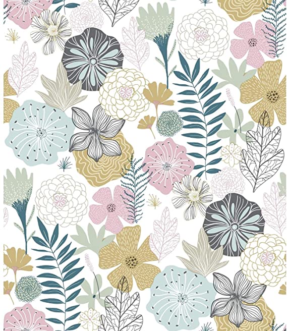 RoomMates - RMK11328WP Perennial Blooms Peel and Stick Wallpaper, Pink