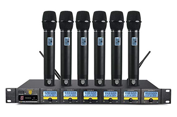 PRORECK MX66 6-Channel UHF Wireless Microphone System with 6 Hand-held Microphones Karaoke Machine for Party/Wedding/Church/Conference/Speech (628.5MHz 633.5MHz 638.5MHz 643.5MHz 648.5MHz 653.5MHz)