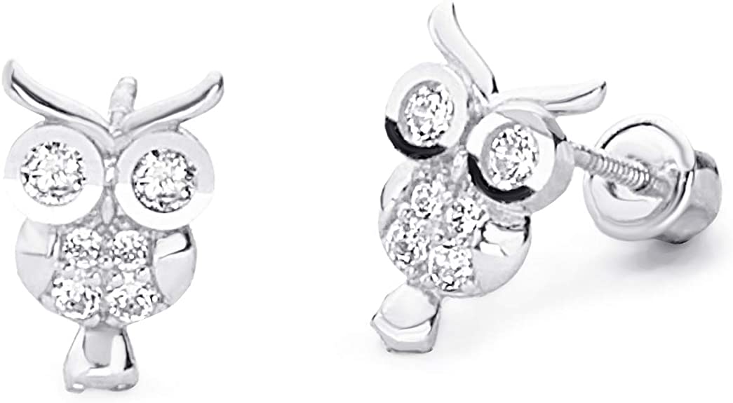 14k Yellow OR White Gold Owl Stud Earrings with Screw Back