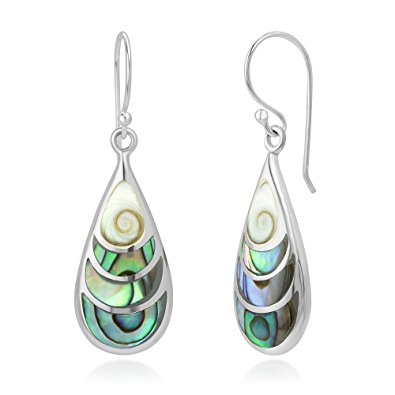 925 Sterling Silver Shiva Eye and Green Abalone Shell Inlay Teardrop Dangle Hook Earrings 1.4"