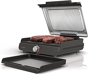 Ninja GR101 Sizzle Smokeless Indoor Grill & Griddle, 14′′ Interchangeable Nonstick Plates, Dishwasher-Safe Removable Mesh Lid, 500F Max Heat, Even Edge-to-Edge Cooking, Grey/Silver (Renewed)