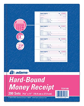 Adams Hardbound Receipt Book, 7.63 x 11 Inches, 3-Part, Carbonless, White/Canary/Pink, 4 Form Sets per Page, 200 Sets per Book (TCH1185)