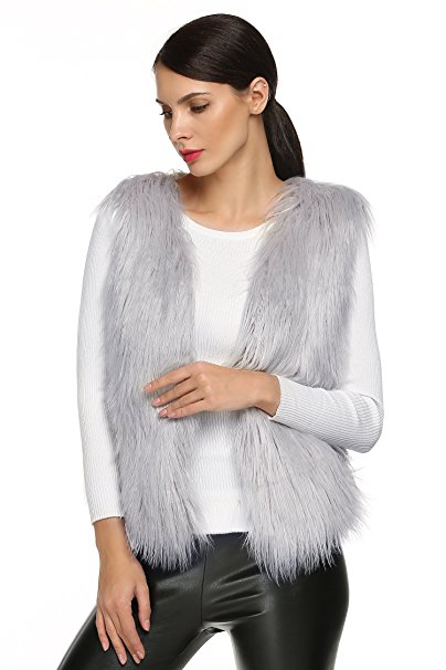 ACEVOG Women's Grey Sleeveless Faux Fur Vest Coat Jacket Waistcoat Outwear