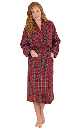 PajamaGram Women's Stewart Plaid Cotton Flannel Robe, Red