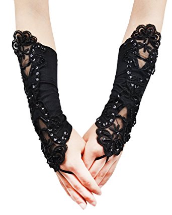JISEN Lady Banquet Party Fingerless Sexy Elegant Lace Embroidered Bridal Gloves 11"
