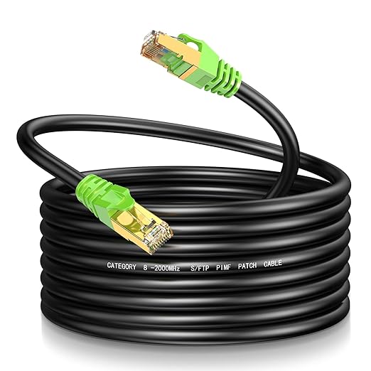 Cat8 Ethernet Cable 50Ft Round S/FTP Outdoor&Indoor Heavy Duty High Speed Cat8 LAN Network Cable 40Gbps 2000Mhz