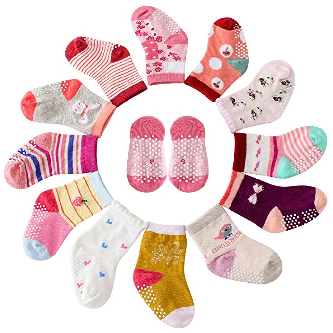 Maybox 12 Pairs Assorted Non Skid Ankle Cotton Socks Baby Walker Girls Toddler Anti Slip Stretch Knit Footsocks Sneakers Crew Socks With Grip For Baby Girls
