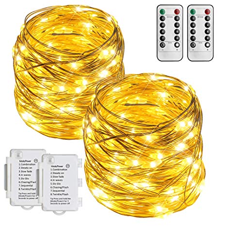 STARKER 2 Pack 36ft 100 LED Outdoor Battery Powered String Lights, IP65 Waterproof Silver Wire Twinkle Lights for Bedroom, Garden, Gate, Christmas Decoration (8 Modes, Dimmable,Remote and Timer)