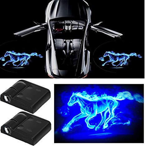 3D Wireless Magnetic Car Door Step LED Welcome Logo Shadow Ghost Light Laser Projector Lamp(Blue Horse)