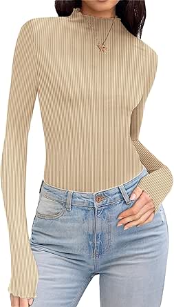 Ekouaer Turtleneck Shirt Women Ruffle Ribbed Long Sleeve Mock Neck Tops Slim Fit Lettuce Trim Base Layer