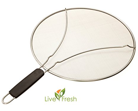 LiveFresh Stainless Steel Heavy Duty Fine Mesh 13" Splatter Screen with Resting Feet and Handle Grip