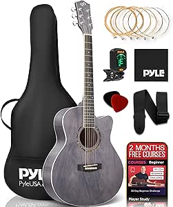 Pyle Acoustic Guitar Kit, 3/4 Junior Size All Wood Steel String Instrument for Beginner Kids, Adults, 36" Dusk Gray Matte