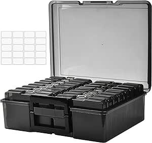 ALINK Photo Storage Box with Handle, 4" x 6" Photo Organizer Storage Container with 16 Inner Case and 1 Sheet Label for Pictures, Arts, Crafts, Sewing, Stickers, Seeds, Office Supplies - Black