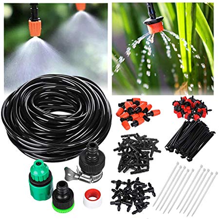 DIY Garden Irrigation System, 50ft Drip Irrigation Kit, Garden Watering Kit Mist Cooling System with 1/4”Blank Distribution Tubing Hose for Patio,Greenhouse, Potted Plants, Flower Bed, Hanging Basket