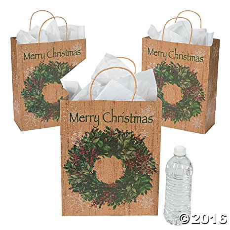 Large Holiday Wreath Kraft Gift Bags (12 Pack) 10" X 4 1/2" X 12 3/4" with 3 1/2" Handles. Paper.