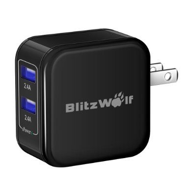 Dual USB Wall Charger BlitzWolf 48A24W Portable Travel Charger Adapter Power3S for iPhone 6 6s Plus iPad Air Mini Samsung Galaxy S5 S6 Edge Note 4 5 HTC Sony Xperia Z3 Black