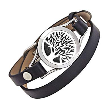 EVERLEAD Carving Round Aromatherapy Essential Oils Diffuser Locket Bracelet 316l Stainless Steel Real Leather Bracelet