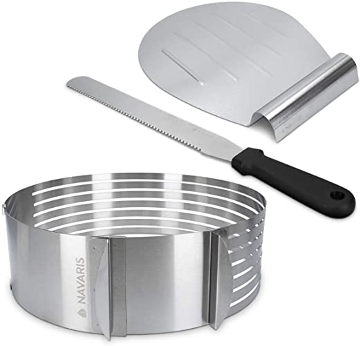 Navaris Cake Leveler Slicer Kit - 9.1 to 11.4 inch Adjustable Ring for Cutting Layers, Slicing and Leveling Cakes - 3 Piece Set with Knife and Lifter