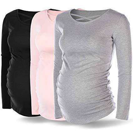 Rnxrbb Women Maternity Long Sleeve T-Shirt Maternity Top Ruched Side Pregnancy Clothes Criss Cross 3 Pack