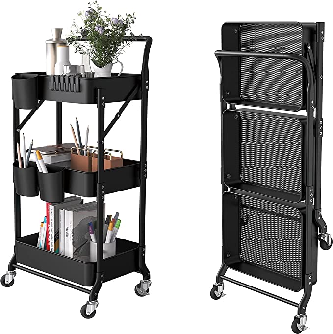 DTK 3 Tier Foldable Metal Rolling Cart, Metal Trays Utility Cart with Handle and Wheels, 3 Hanging Cups and 6 Hooks Storage Organizer Cart, Collapsible Kitchen Cart for Bathroom Office Kitchen（Black）