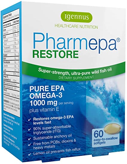 Pharmepa Restore, 1000mg Pure EPA, Wild & Sustainable Omega-3 Fish Oil, 90% Concentration, High Absorption rTG Form, Lemon Flavour, 60 Small Softgels