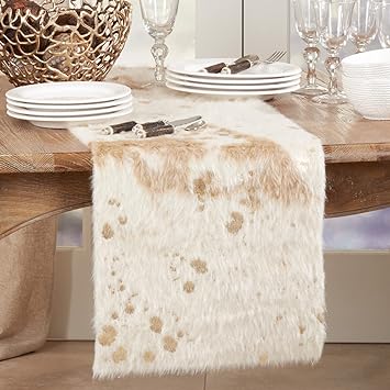 Fennco Styles Gold Metallic Faux Cowhide Table Runner 16" W x 72" L – Ivory Table Cover for Banquets, Family Gathering, Holiday, Special Events, Home Décor (16"X72" Table Runner)